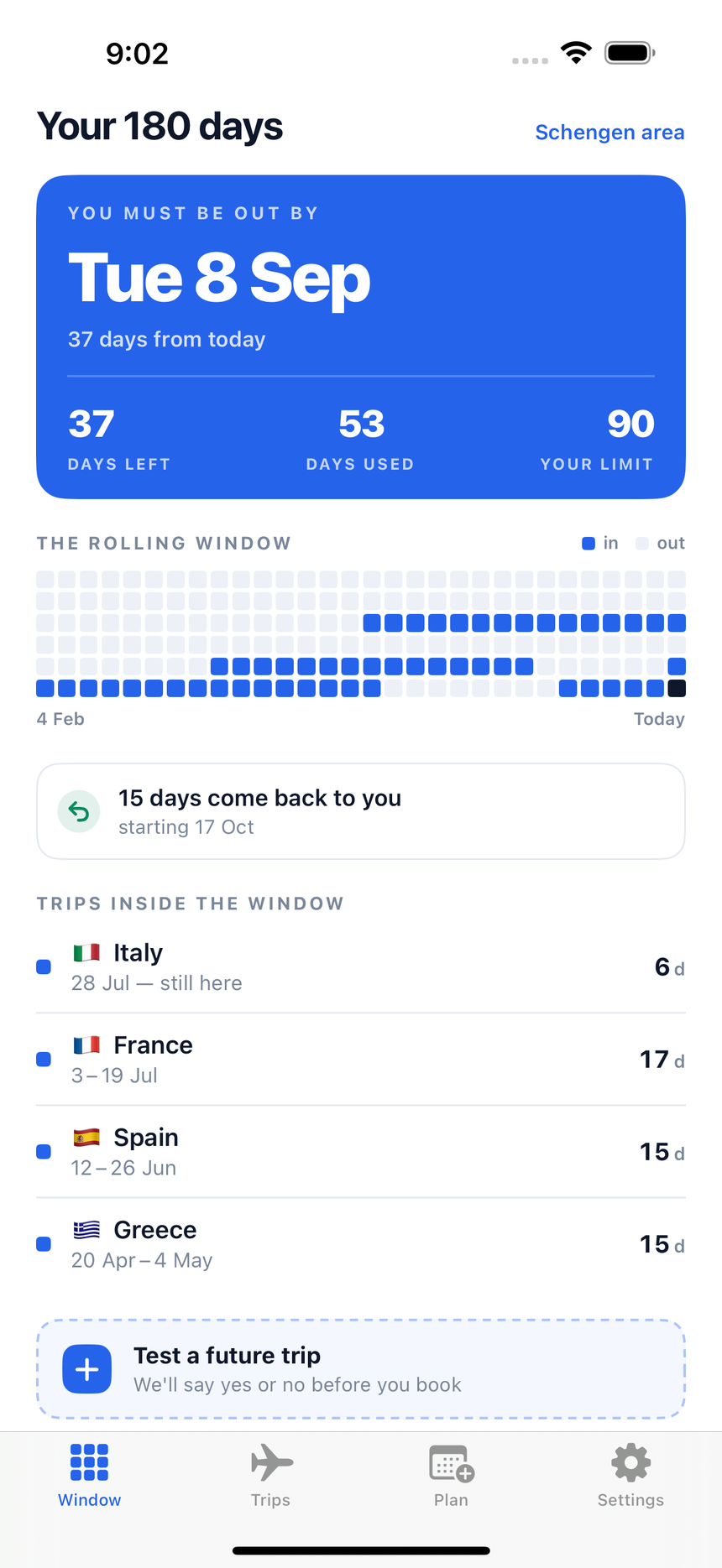 The DayWindow home screen: the date you must be out by, days left, and all 180 days drawn underneath