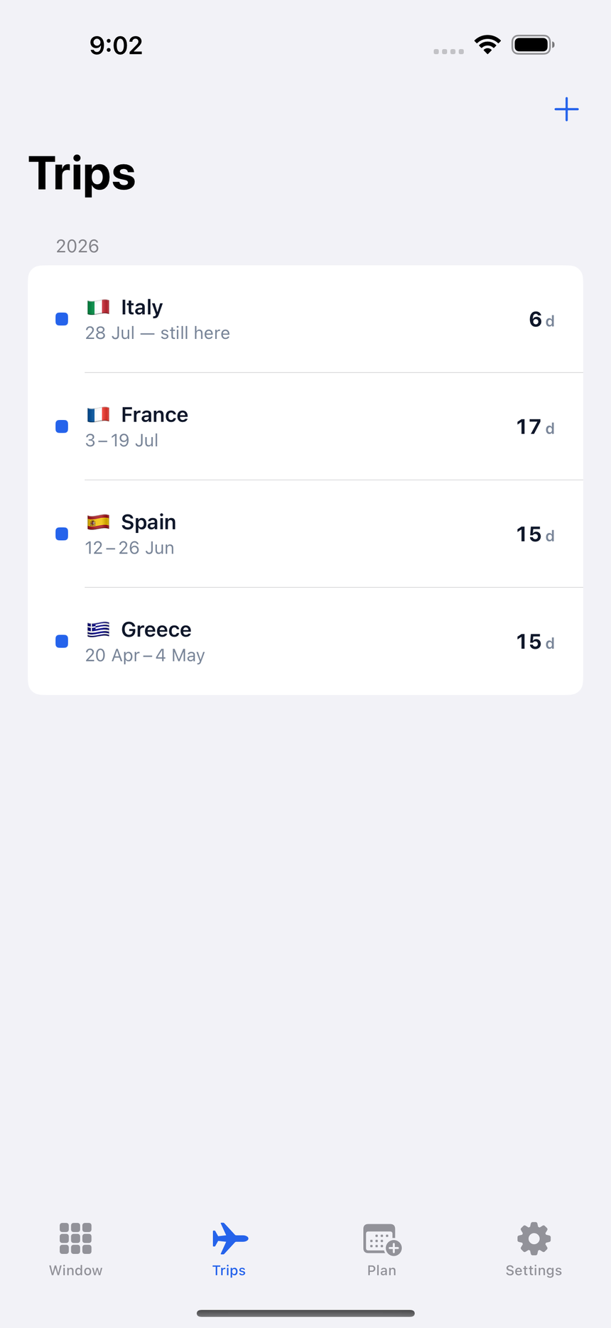 The Trips list, with trips grouped by year