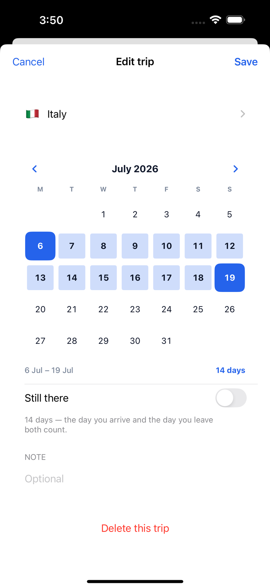 A calendar with 6 to 19 July painted, showing 14 days