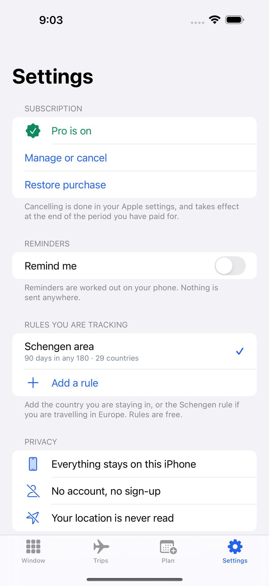 Settings showing the rules being tracked and the Add a rule button