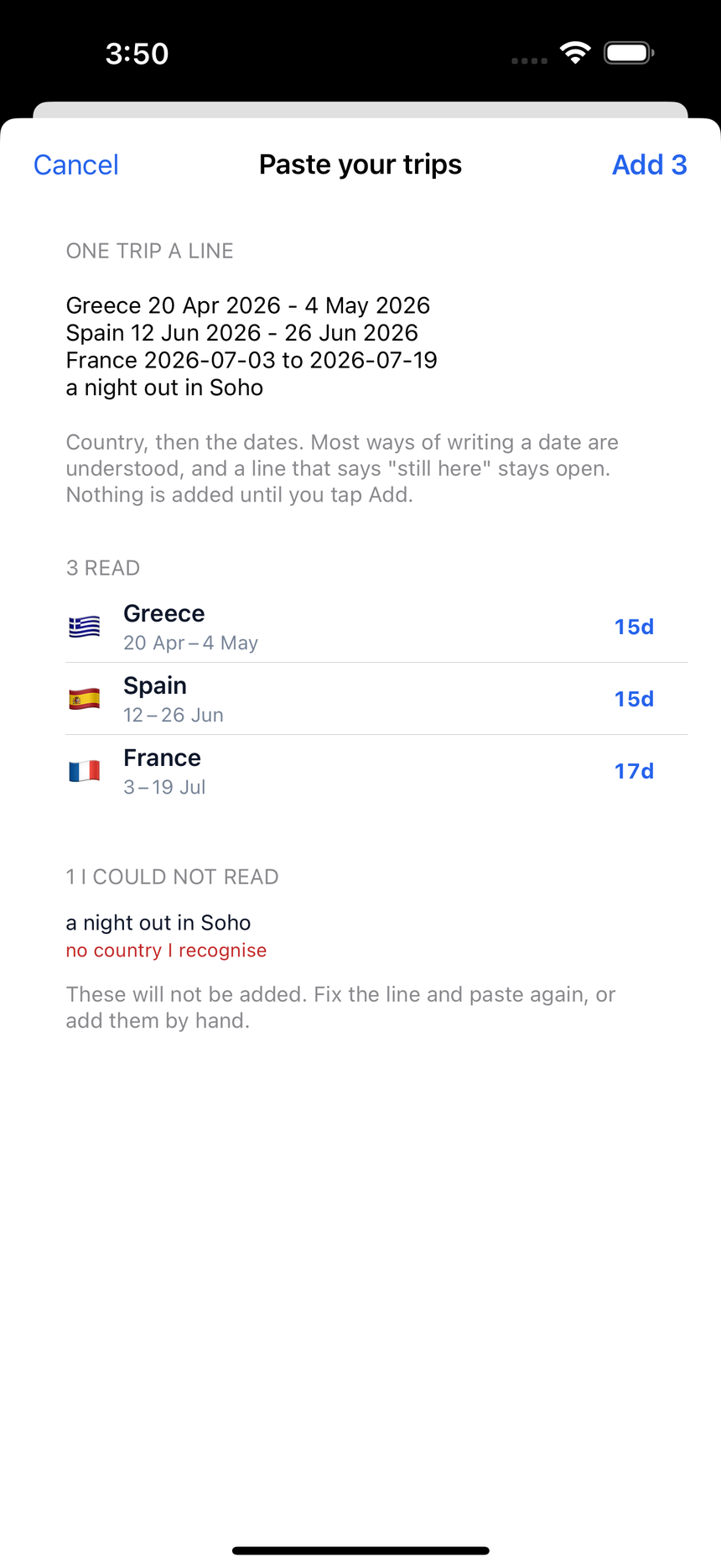 Pasted trips read into a list, with one unreadable line shown in red