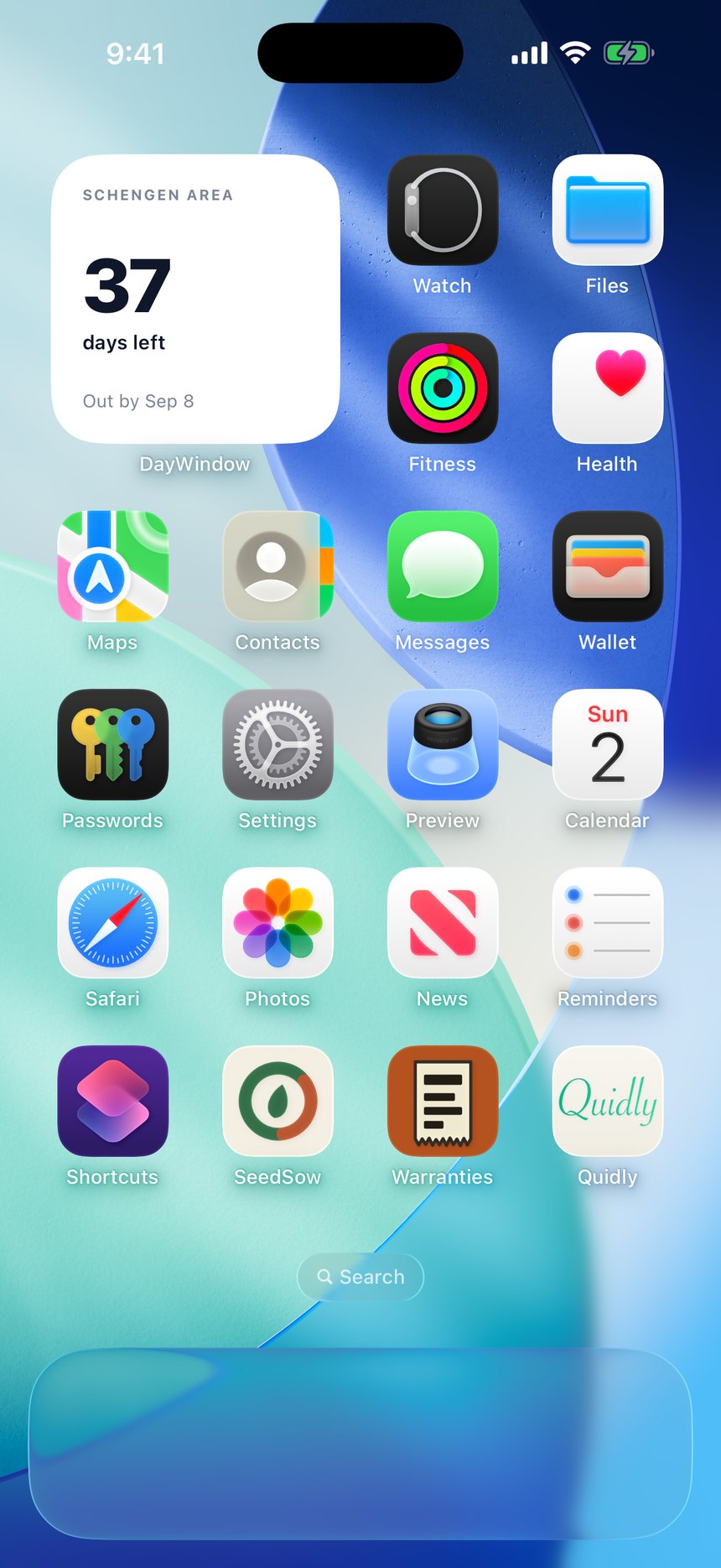 The DayWindow widget on an iPhone home screen showing 37 days left