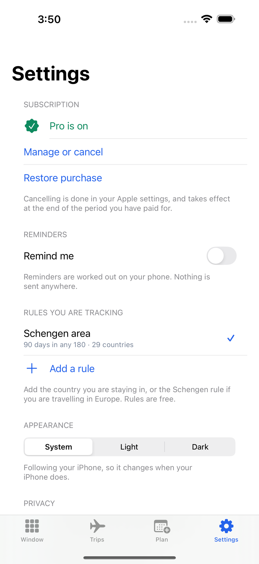 Settings showing the rules being tracked, the Add a rule button and the light and dark switch